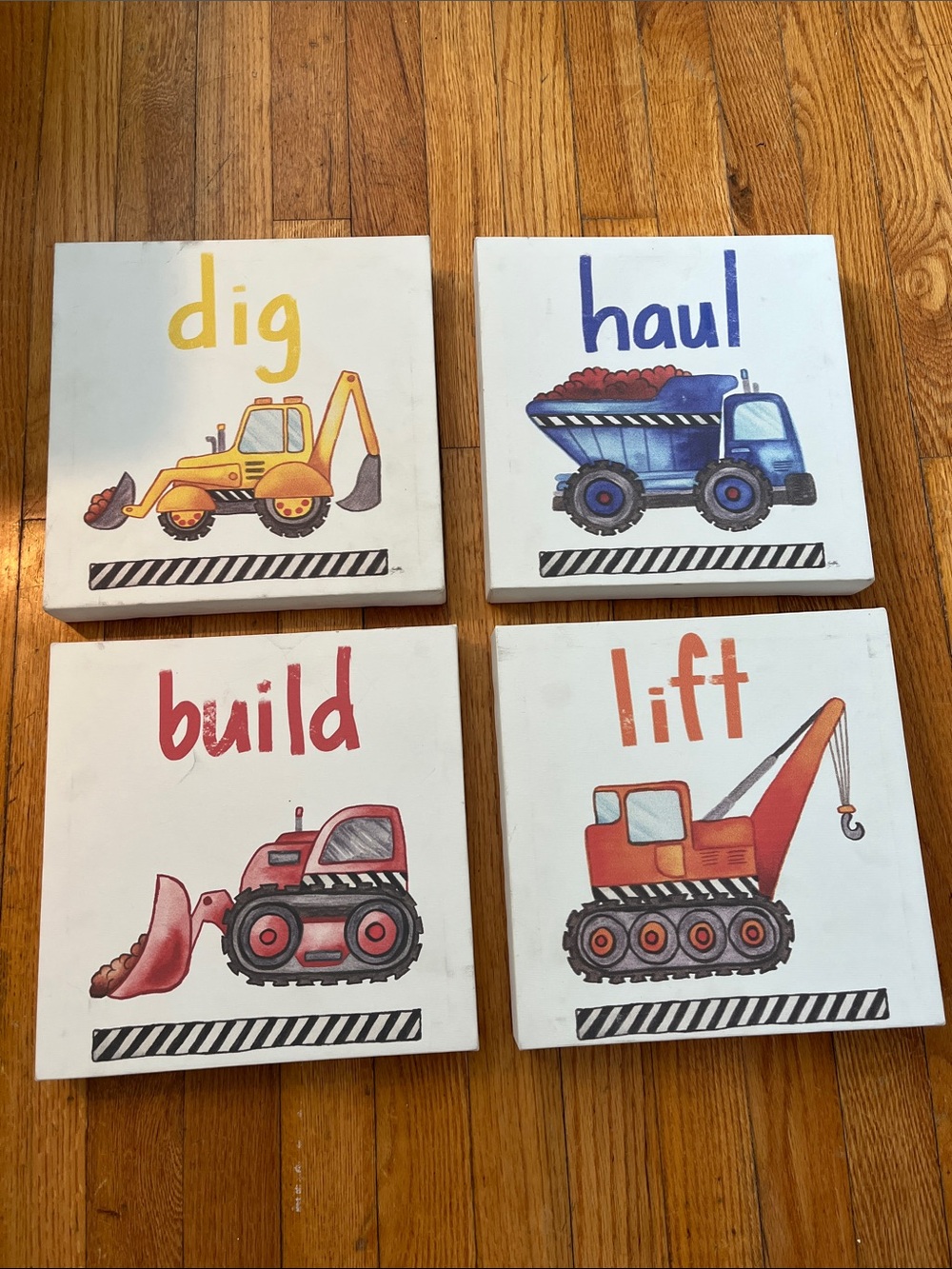 Construction Truck Wall Art Set for Kids - Yellow, Blue, Red, Orange